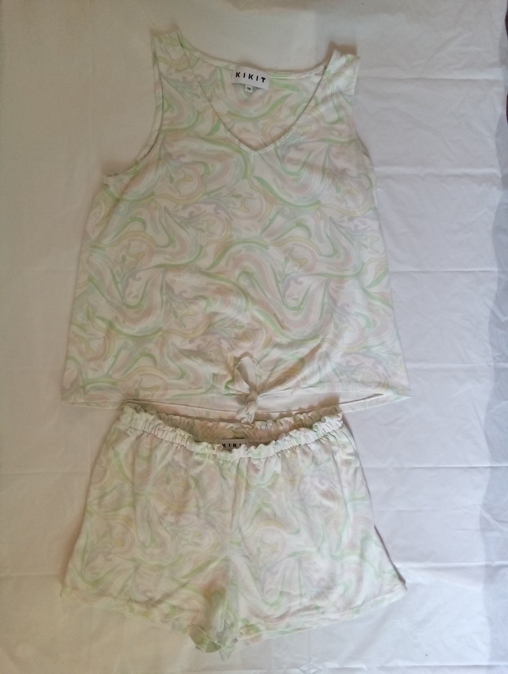 Kikit Light Marble Print Two-Piece Loungewear Set - Pastel Green & Pink M